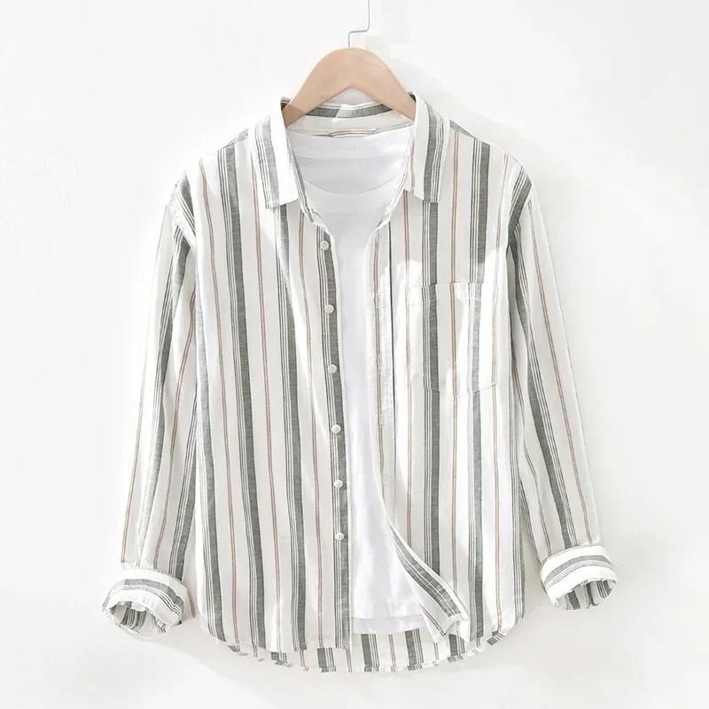 

Весенне-летняя хлопково-льняная рубашка, мужская повседневная японская рубашка в полоску в стиле ретро, рубашка с длинными рукавами и квадратным карманом, мужские дышащие топы, свежие