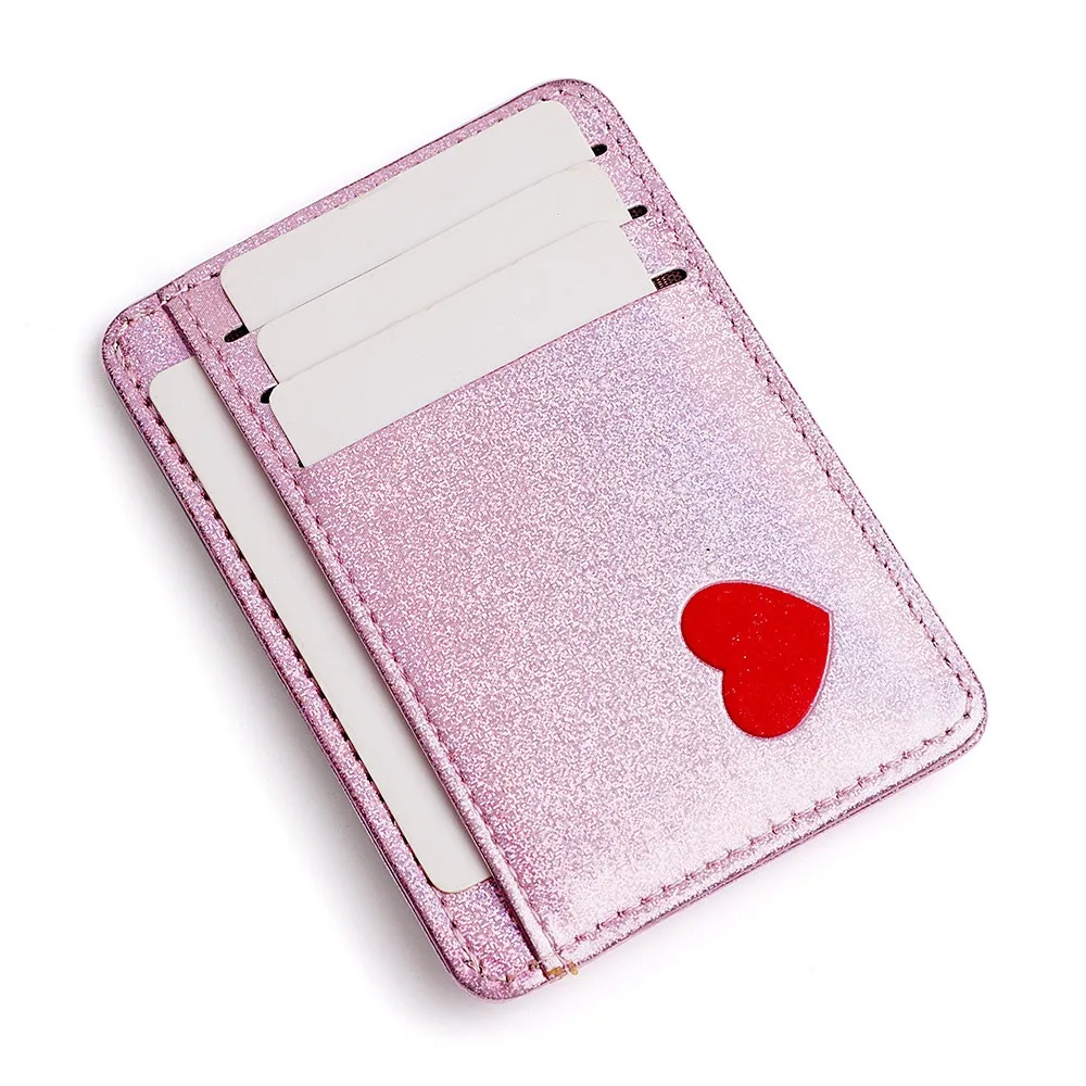 

Pink Love Card Bag Texture PU Small Wallets Large Capacity Credit Card Holder Portable Solid Color Money Clip for Women Men