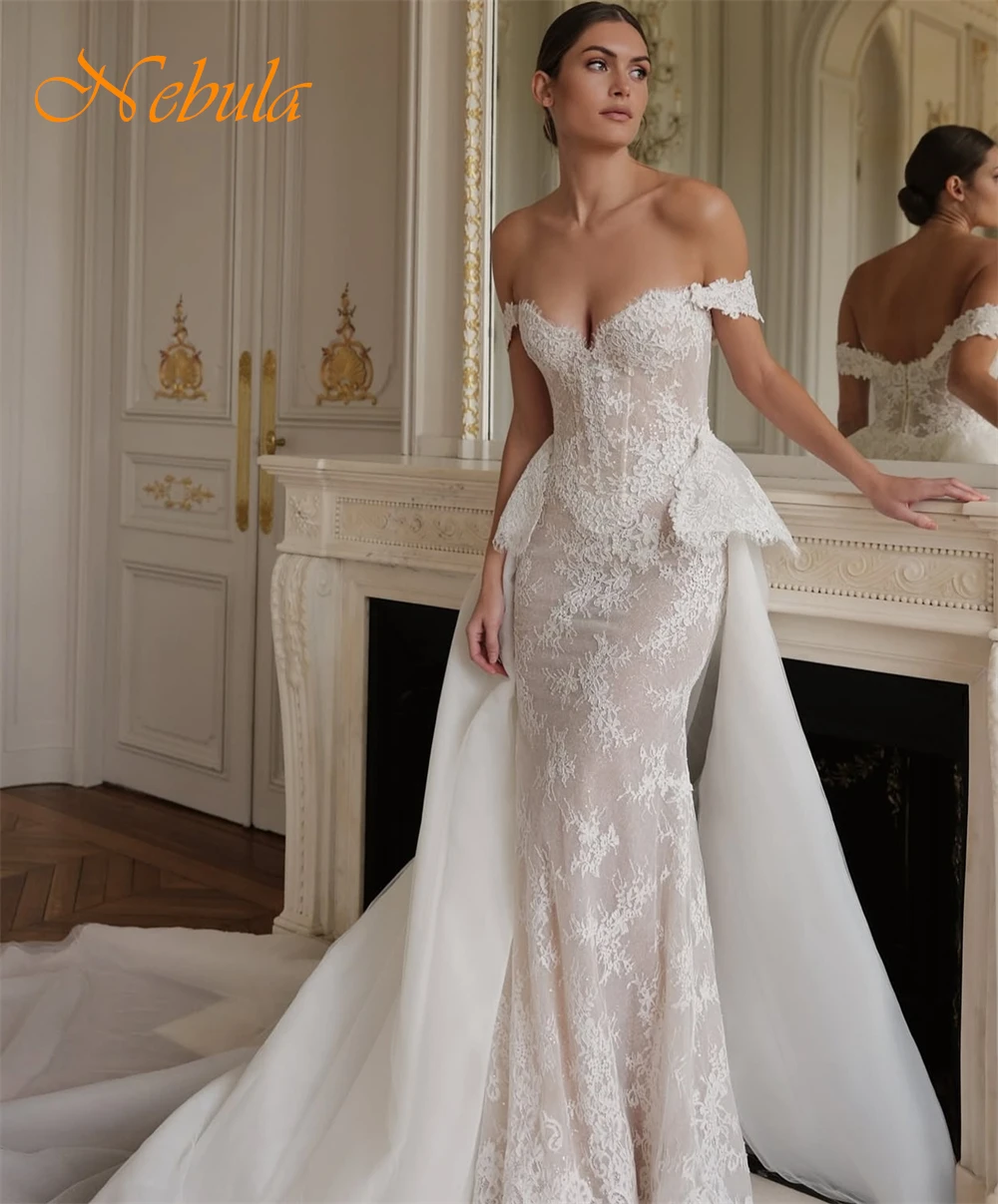 Customized Boho White Organza Wedding Dress Sexy Sweetheart Off the Shoulder Robe de mariée Soft Mermaid Court Train Bridal Gown