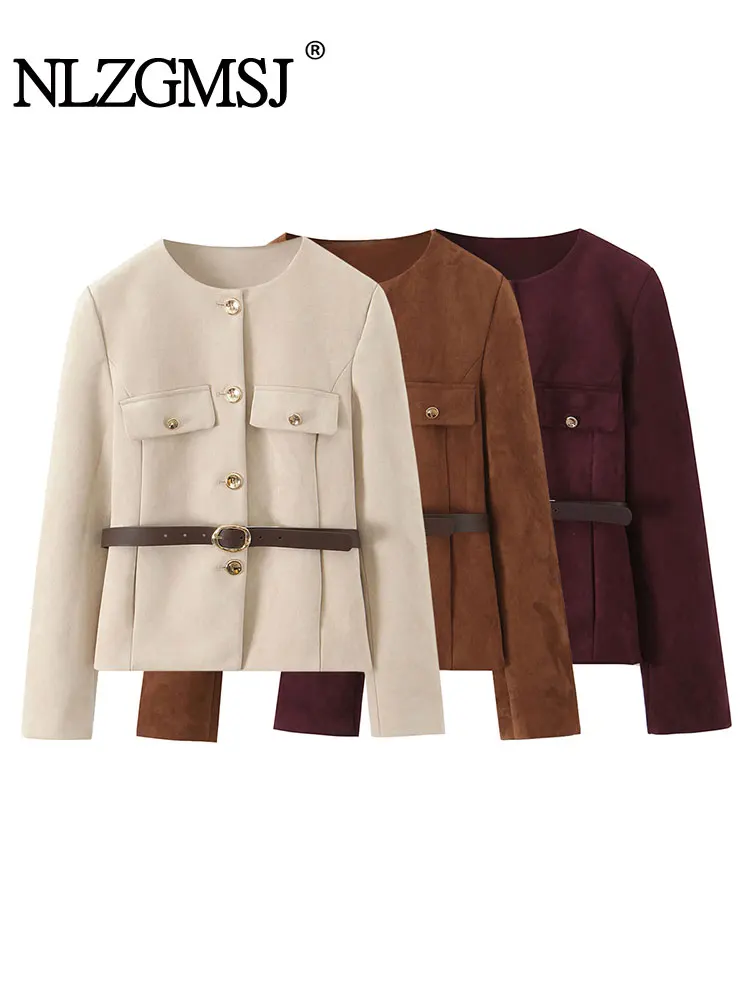 

NLZGMSJ Casual Chic Women Jackets Solid Sashes O-Neck Single-breasted Coats New Fashion 2025 Autumn Winter Streetwear Outwears