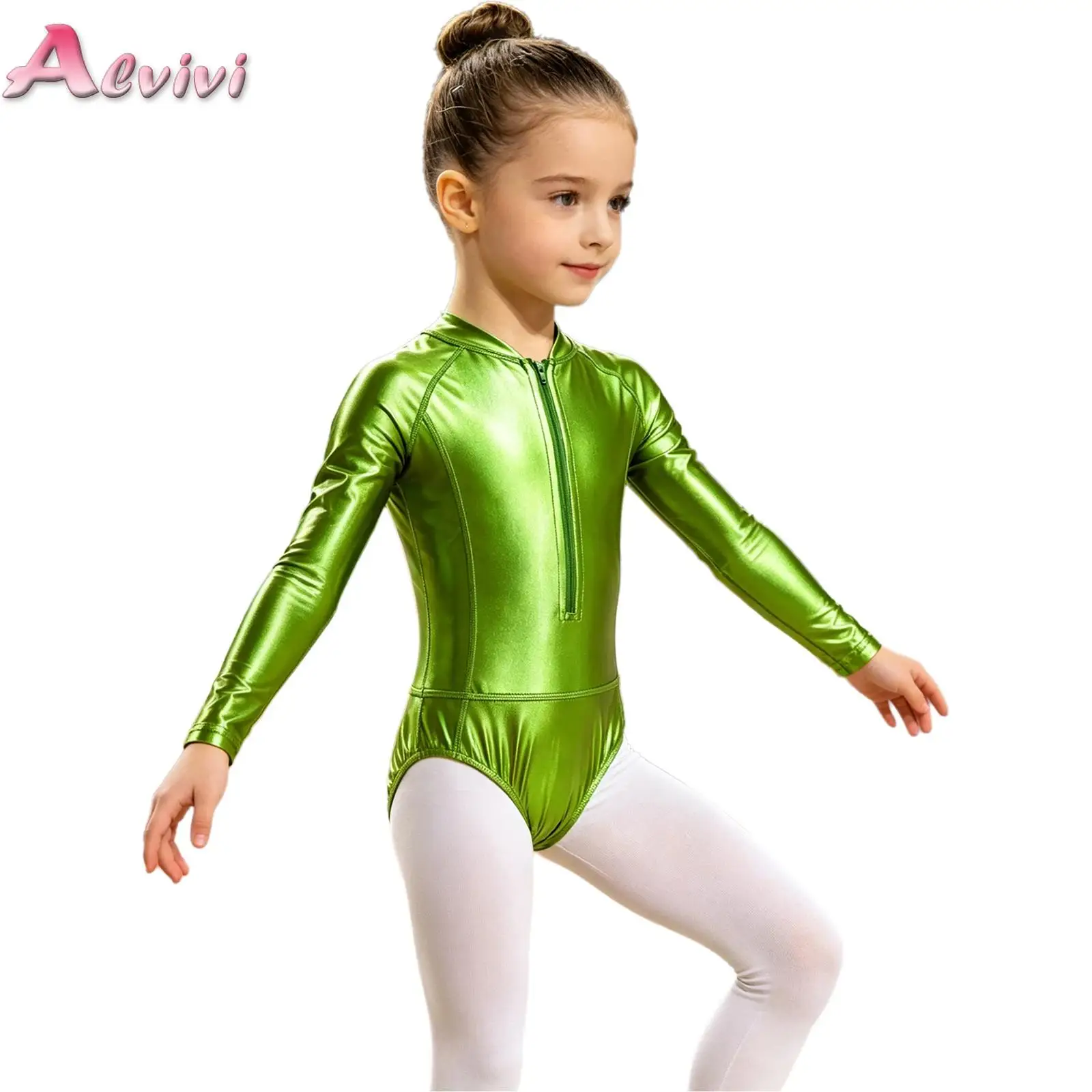 Kid Girls Zipper Metallic Leotard Long Sleeve Shiny Bodysuit for Jazz Disco Dance Stage Performance Theme Party Ballet Dancewear