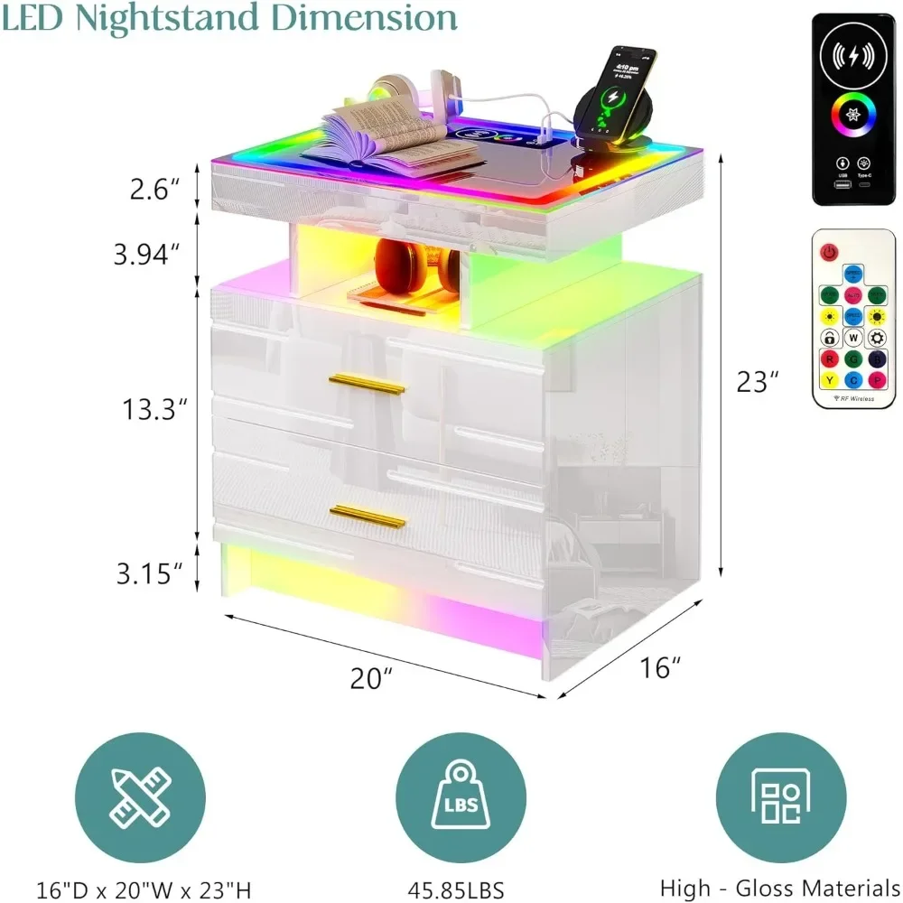 LED Nightstand Set of 2 with Wireless Charging, USB Ports, Automatic Dazzling Light, Glass Light Strip Panel, RGB LED Nightstand