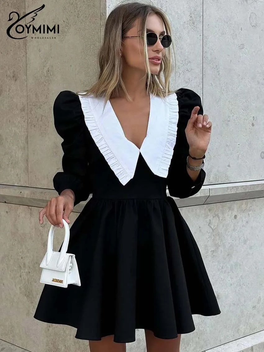 Oymimi Elegancka czarna patchworkowa sukienka damska Casual Kołnierzyk Piotruś Pan Sukienki z rękawami trzy czwarte Modne plisowane mini sukienki