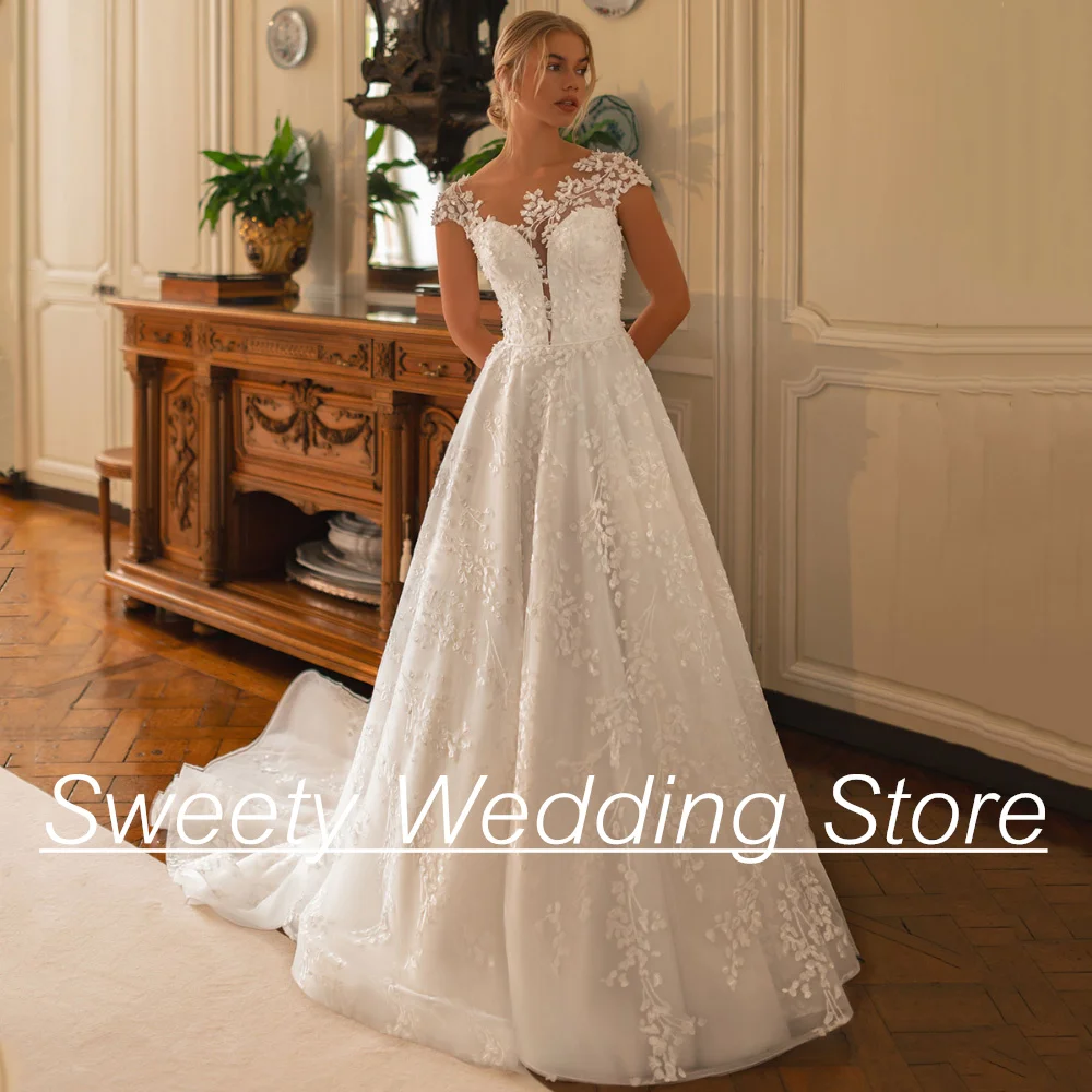

Exquisite Lace Wedding Dress Cap Sleeve Scoop Neck Illusion Back Zipper with Buttons Court Train Vestido De Noiva Bridal Dresses