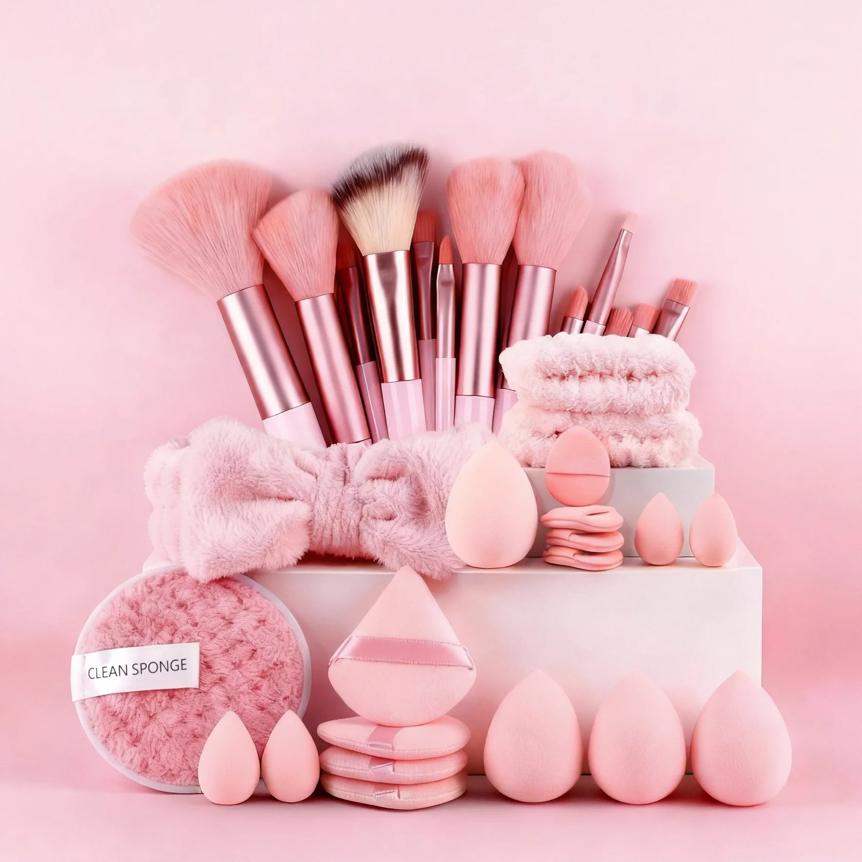 Juego de 33 piezas: Esponjas de maquillaje suaves y amigables con la piel, brochas de maquillaje, esponjas flocadas, aplicadores de maquillaje en forma de gota, diademas