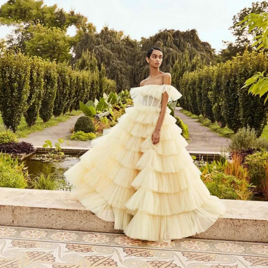 OUSIRUI Off Shoulder Evening Dress Exquisite Wedding Dress Ruffle Multi-layer Tulle Prom Dressess Yellow Prom Dress Custom #1