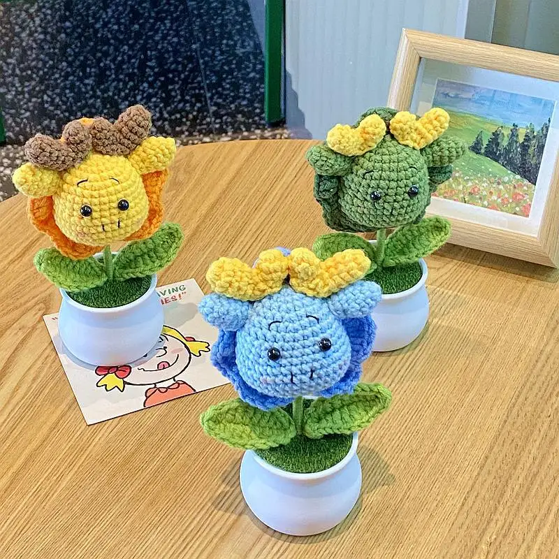 Handmade Knitted Dragon Flowers Pot Home Decoration Artificial Finished Crochet Woven Flower Valentine's Day Gift Room Decor