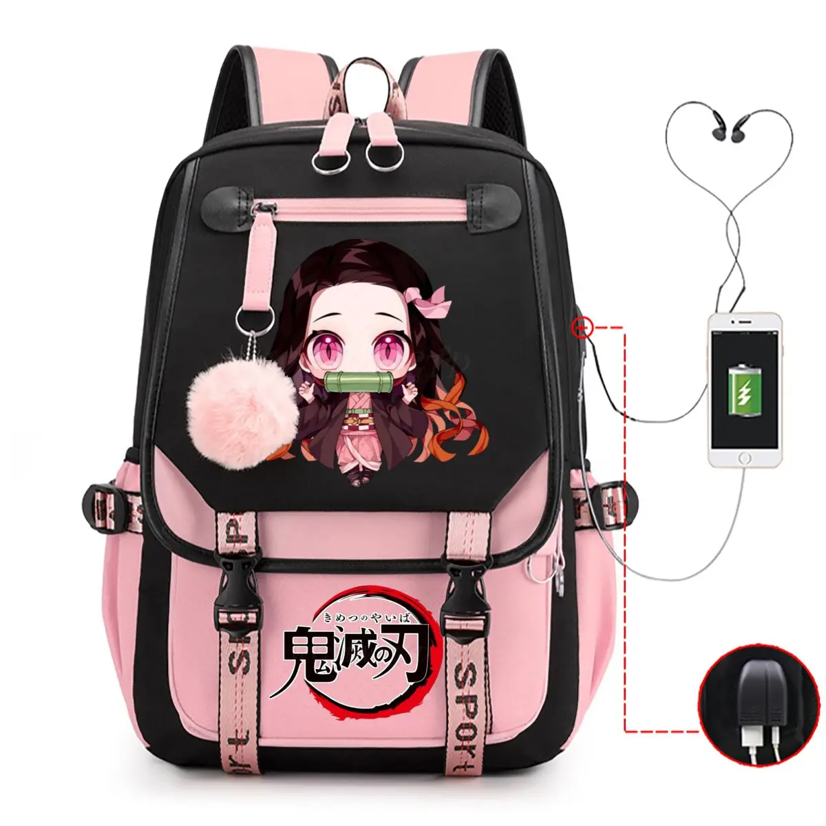 أنيمي كامادو Nezuko طباعة حقائب الظهر النساء الفتيات USB شحن أكياس سعة كبيرة الأطفال المراهقين الحقائب المدرسية أنيمي حقيبة الهدايا