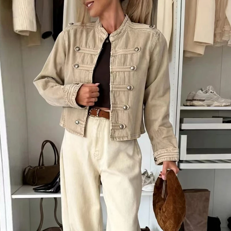 Autumn Winter O Neck Long Sleeved Denim Jackets Office Temperament Button Solid Women Coat Fashion High Street Short Outerwear