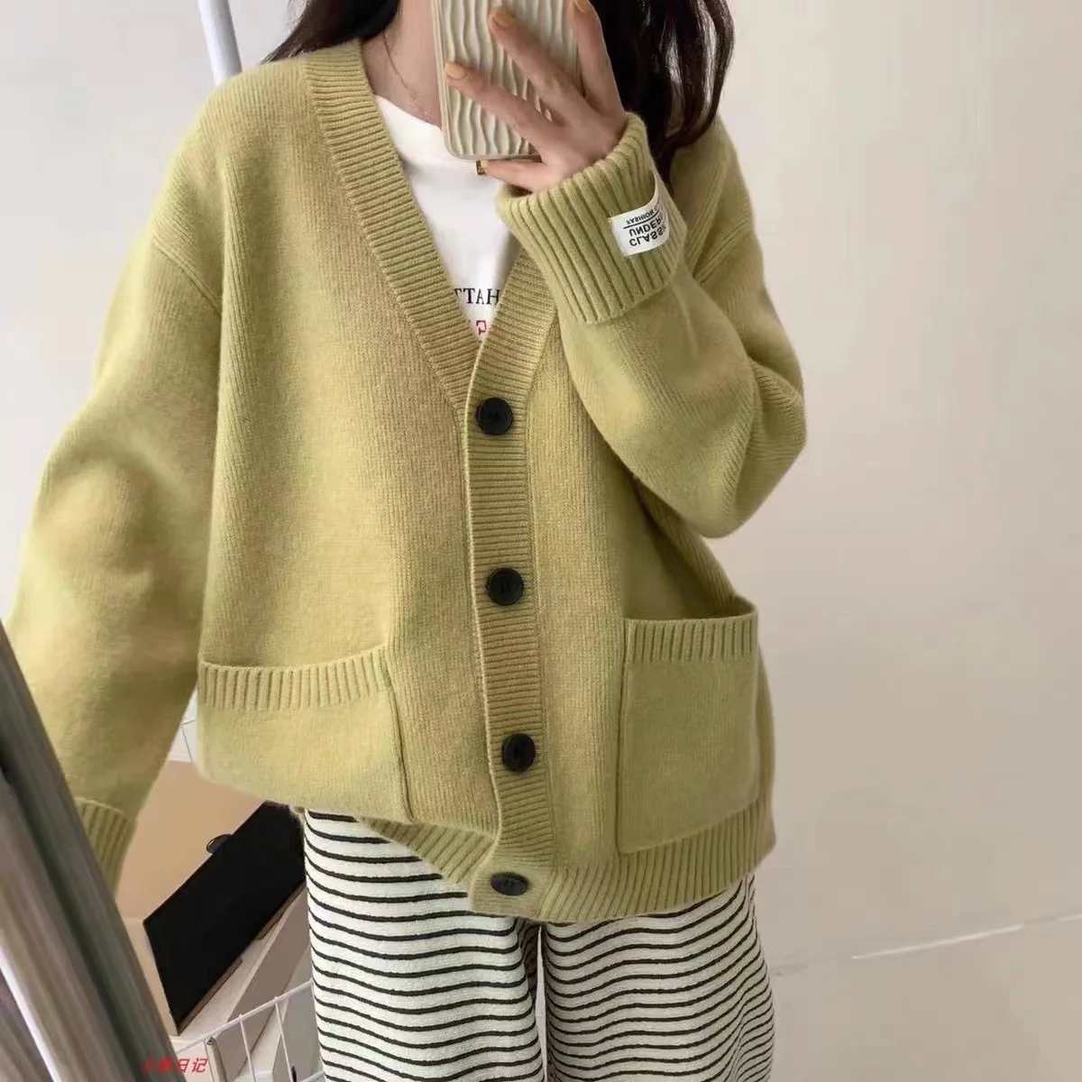 Harajuku Versatile Sweater Cardigan Curled Sleeve Label V-neck Button Knitted Cardigan Autumn Winter Solid Lazy Loose Sweater