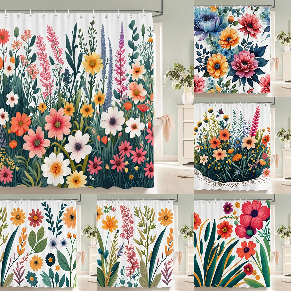 

Beautiful Flowers Shower Curtain,Watercolor Leaves on The Top Plant with Floral Bathroom Decor Shower Curtain Set with Hooks