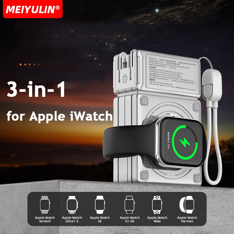 10000mAh Magnetic Wireless Power Bank With AC Plug USB C External Spare Battery 3in1 Fast Charger For Apple Watch iPhone iWatch