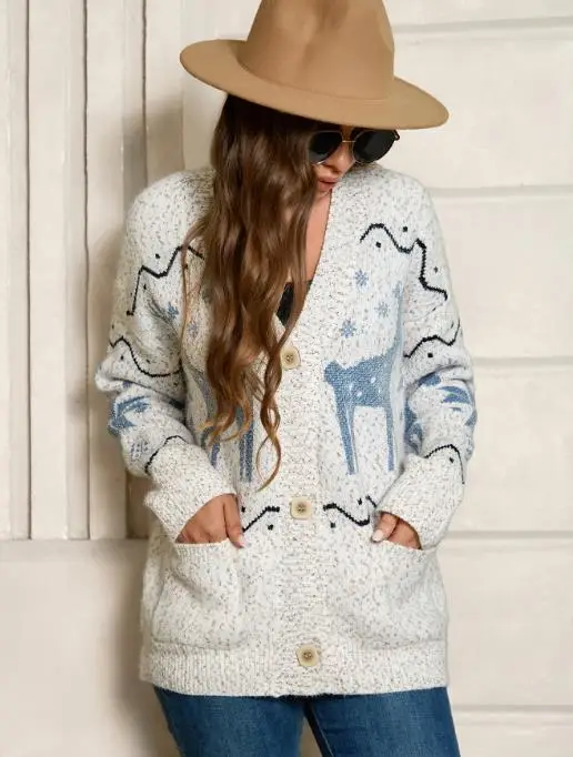 

New Loose Casual Commuting Reindeer Jacquard Sweater Jacket for Autumn and Winter, Elegant Loose Long Sleeved Cardigan for Women