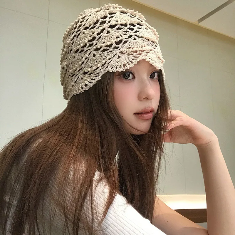 Summer Korean Hand-knitted Hollow Pattern Hat Breathable Retro Thin Pullover Cap Fashion Cute Wavy Hat Dress Collocation