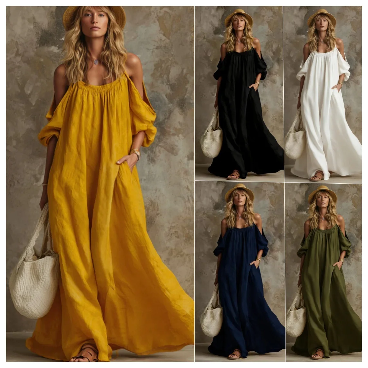 Women's Cold Shoulder Spaghetti Strap Maxi Dress Pockets Loose Fit Elegant Versatile Trendy Casual Commute Daily Wear Long Dress