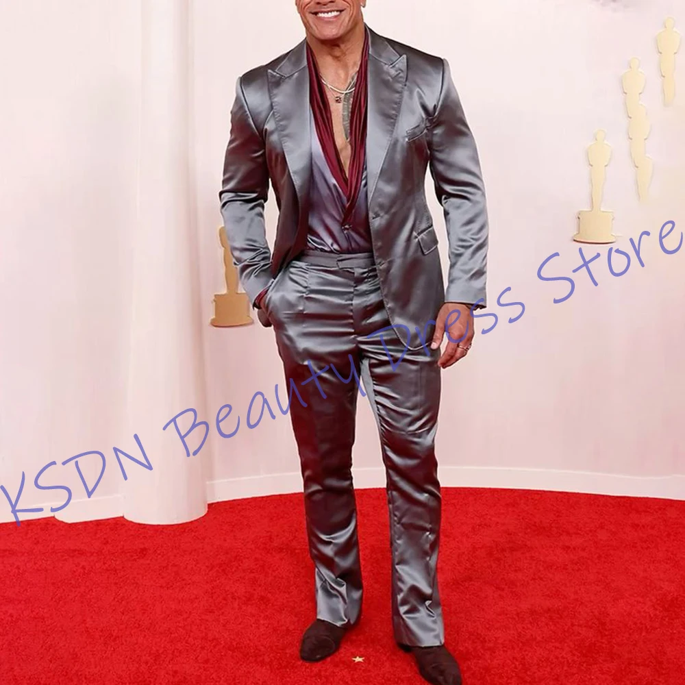 

Блестящие мужские серебряные атласные костюмы, роскошный комплект из 2 предметов (куртка + брюки), элегантный повседневный вечерний костюм, элегантный мужской костюм