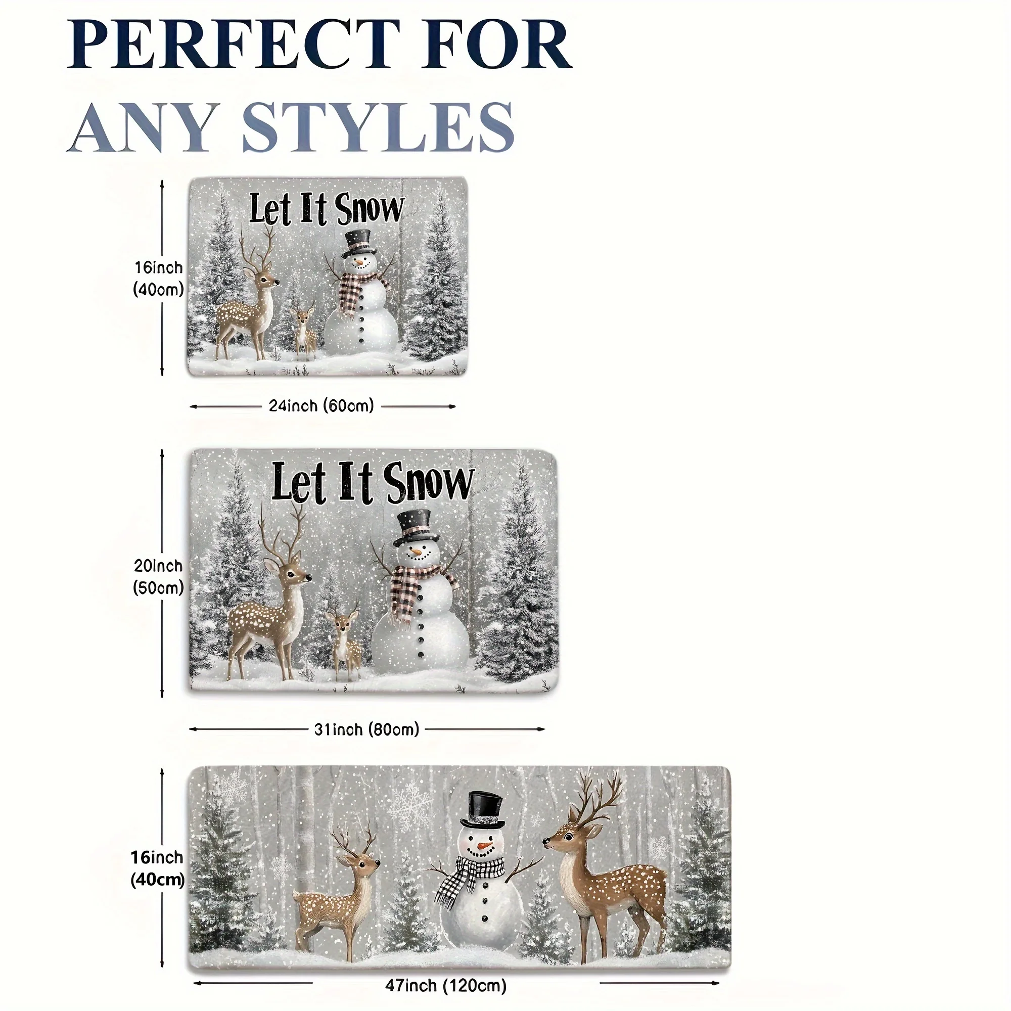 VIKAMA Winter Christmas Kitchen Rug Set Anti Slip Washable Mat Snowman Deer Forest Snowflake Let It Snow Floor Runner view 6