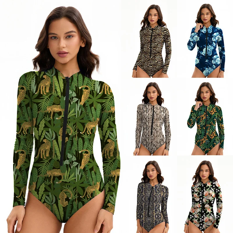 Sexy Print One Piece Swimsuit Women Swimwear Monokini Long Sleeve Bathing Suit Female Bodysuit Surfing Swim Wear Beach Plus Size