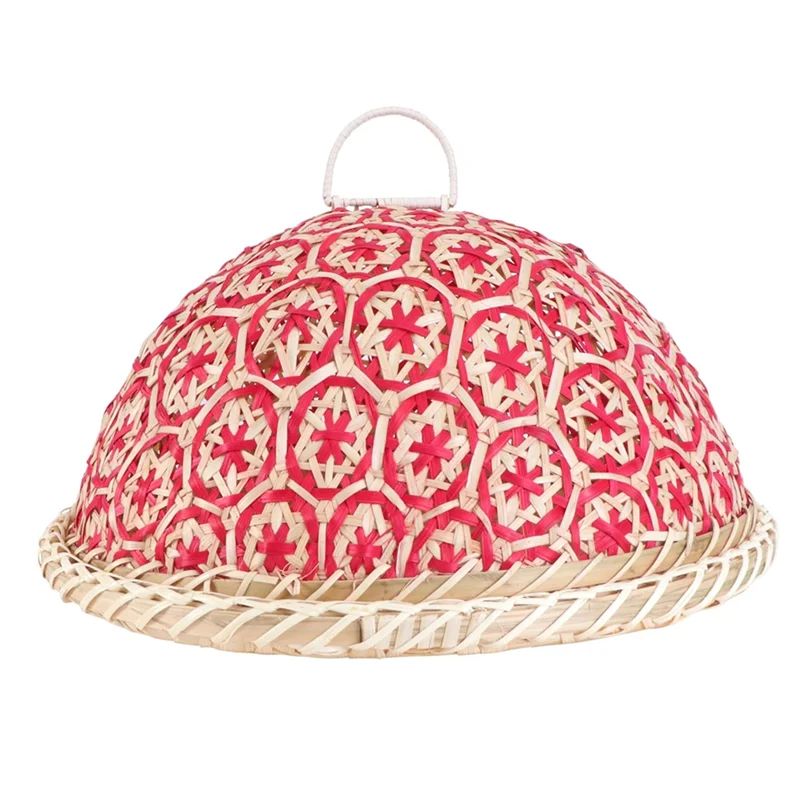 

ABJY-Fruit Plate Hand-Woven Rattan Bread Basket Round Lid Insect-Proof Dining Table Cover Leftovers Rice Container Red