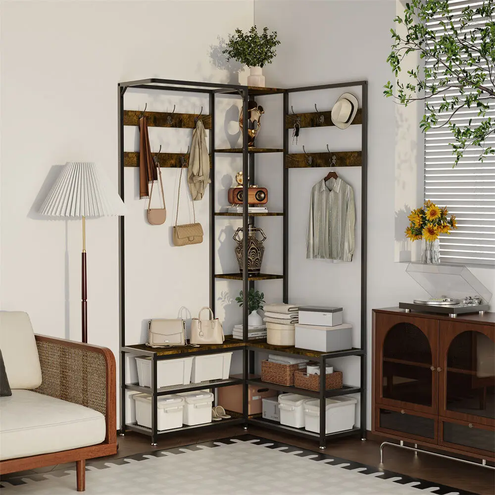 Large Entryway Bench with Coat Rack Hall Tree Shoe Storage Shelves with 10 Hooks