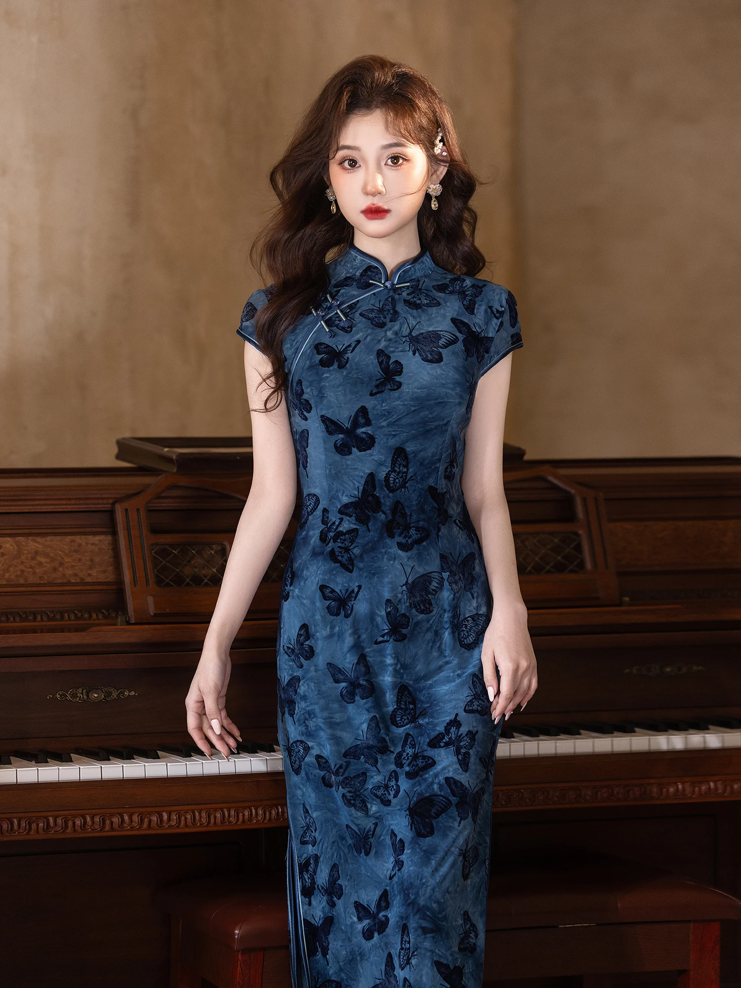 

Синее вечернее платье с коротким рукавом, новая китайская версия, женское, модное, весна-лето