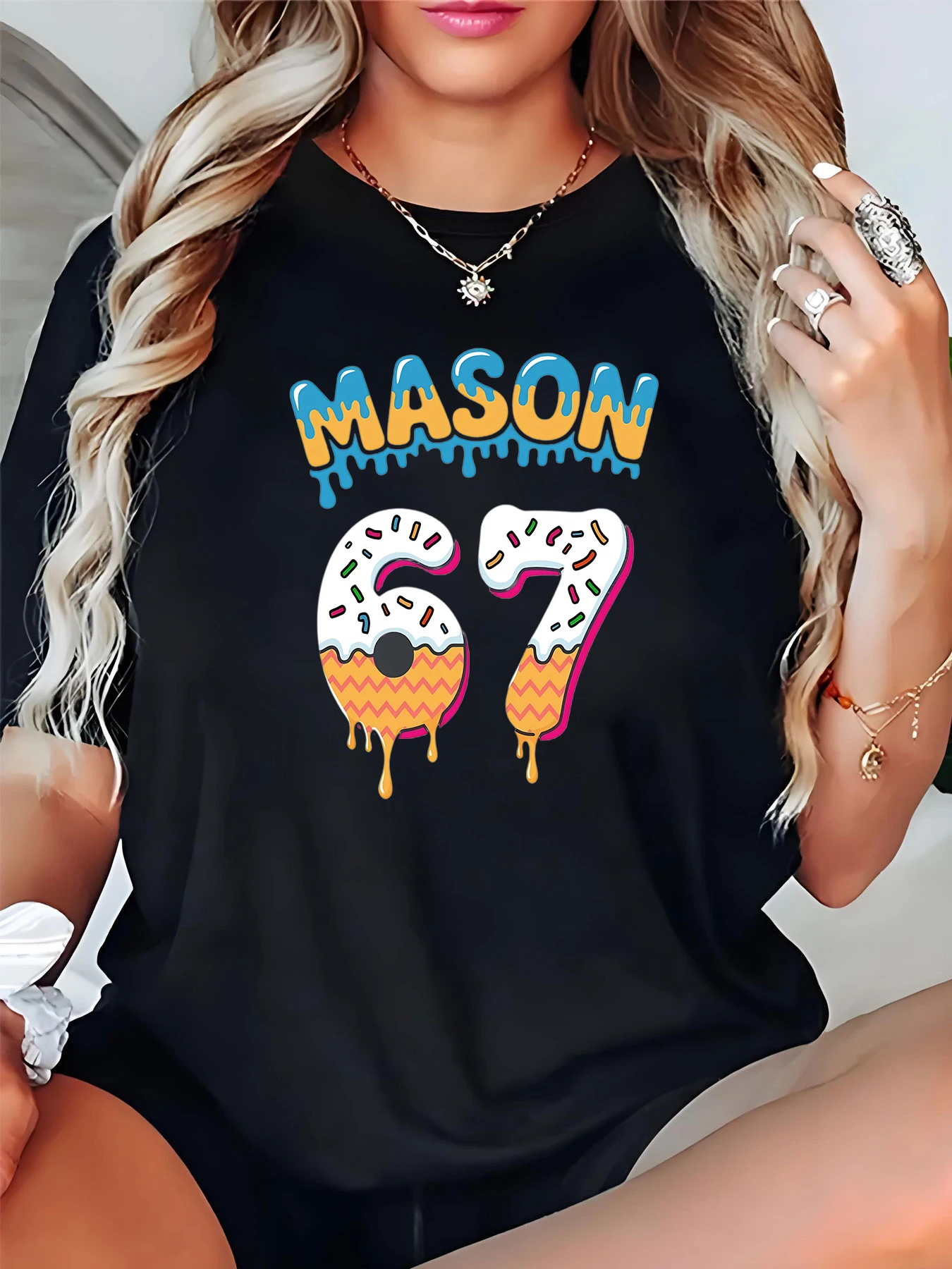 

Mason 67, женская футболка с принтом пончиков, повседневная свободная футболка с рисунком, летняя мода, модный топ для девочек и женщин