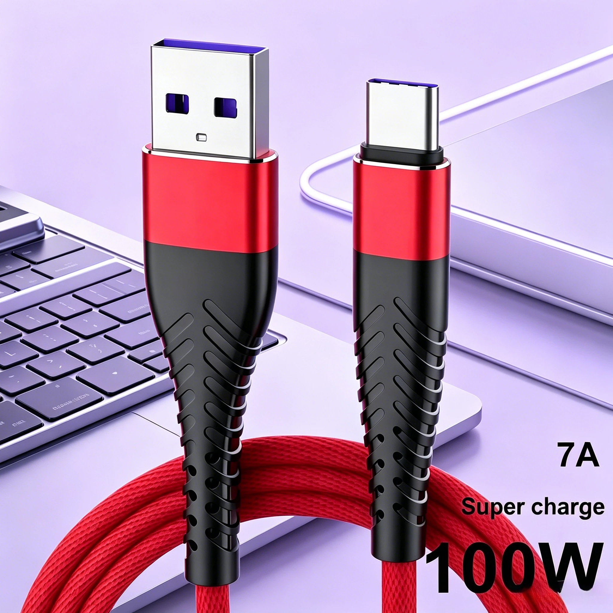 Reinforced 7A 100W USB-C Fast Charging Cable Nylon Braided QC3.0 480Mbps Data Transfer Type C Cord For Redmi Oppo Vivo