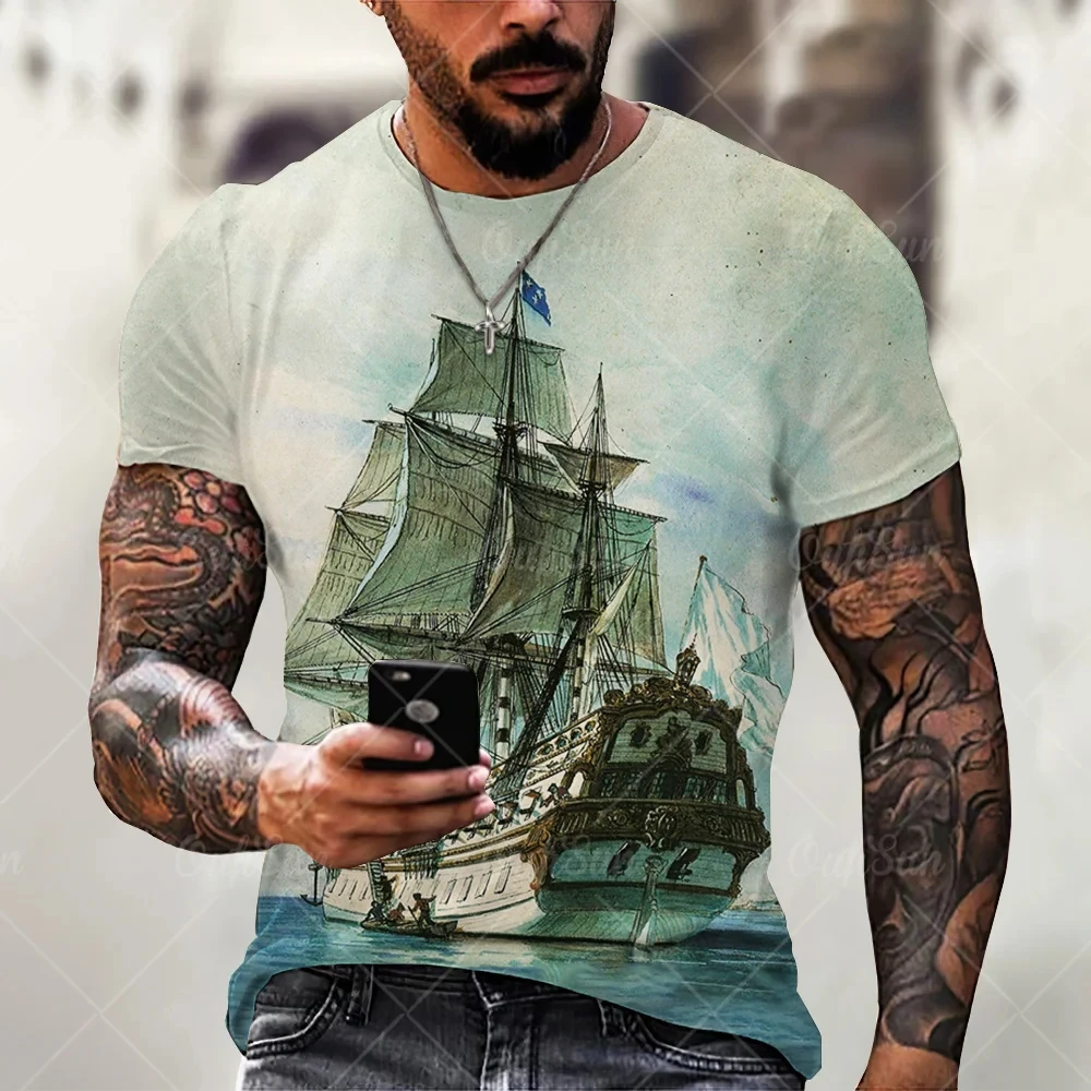 

Camiseta Vintage para hombre, camisa de manga corta con cuello redondo y estampado 3D de Barco Pirata,de gran tamaño