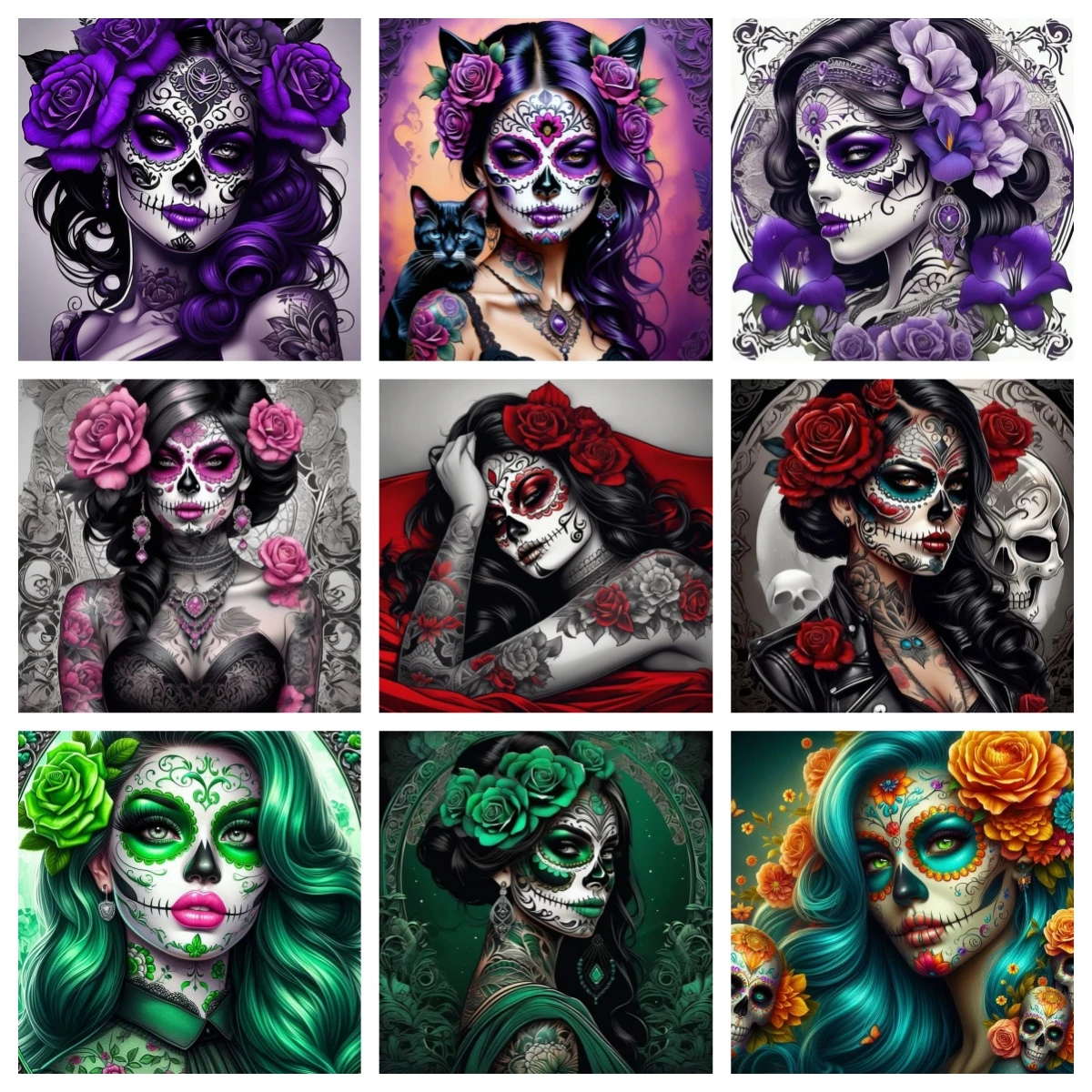 

Full Diamond Painting Kits for Adults Kids Beginners DIY Dia De Los Muertos Floral Sugar Skull Art Paint By Gems Crafts Decor