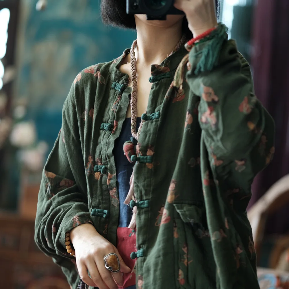 

100% Cotton Casual Shirt Women New 2024 Autumn Chinese Style Vintage Cartoon Loose Female Batwing Sleeve Tops Shirts M126