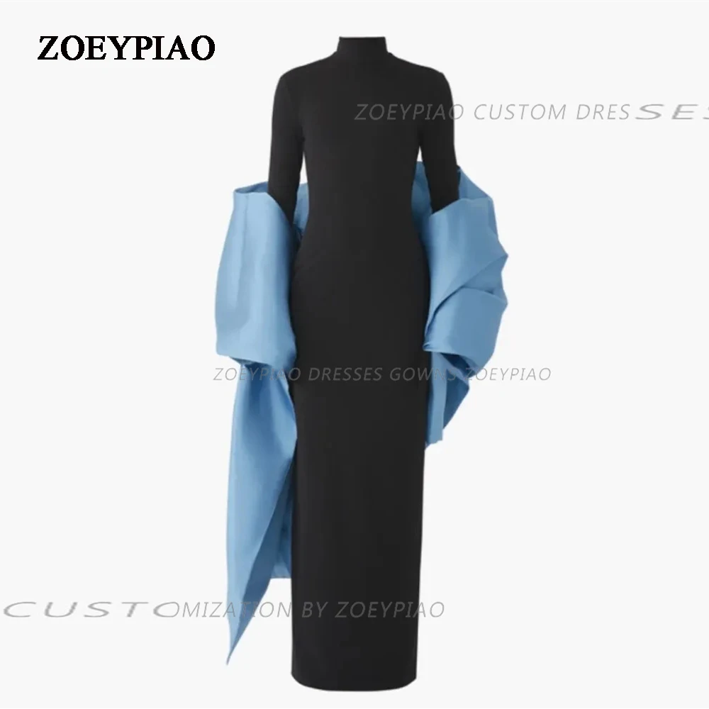 

2 PCS Black/Blue Stretch Satin Formal Party Dresses Full Sleeves Women Evening Prom Dress Bride Sheath Wedding Occasion Gowns