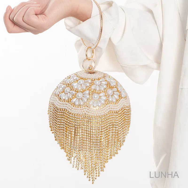 

Women's Evening Bag Pearl Rhinestone Dinner Bag Spherical Tassel Banquet Fashion Handbag for Party Wedding Cocktail Party