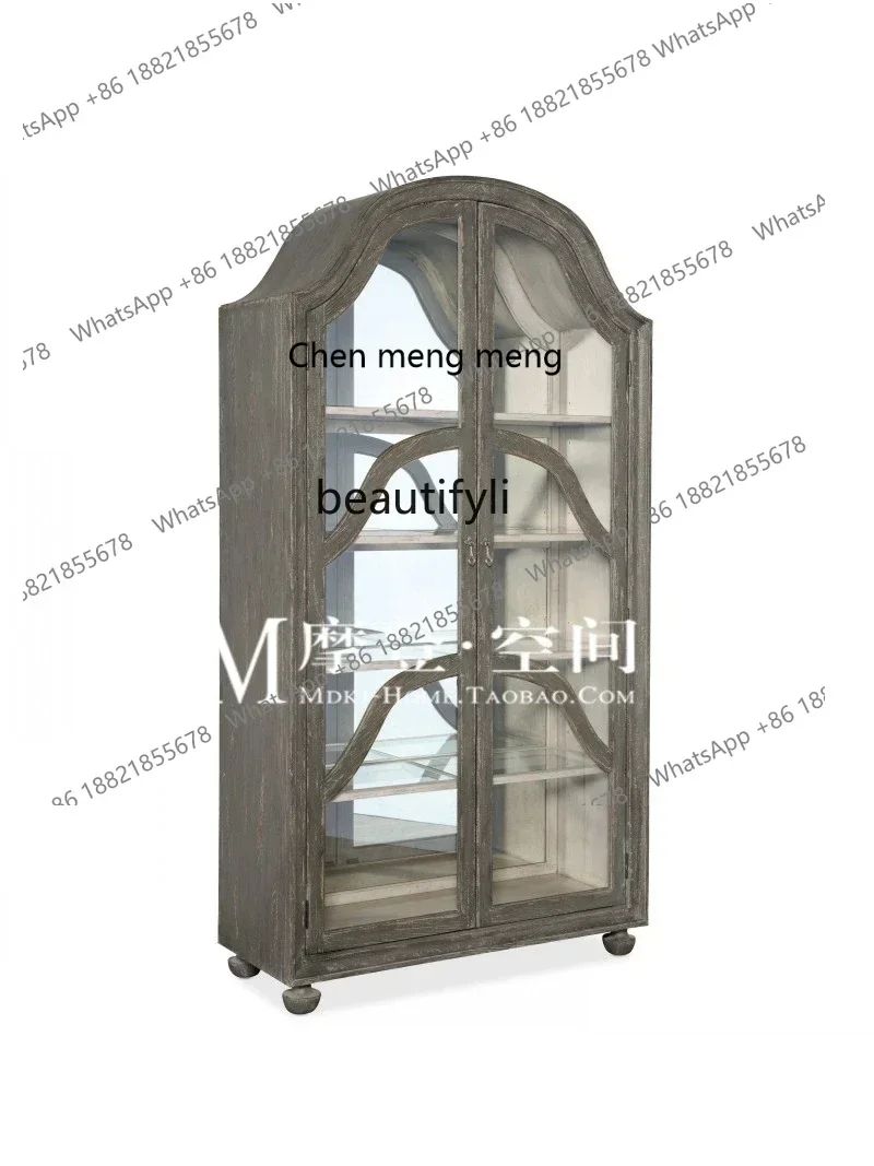 

X American furniture retro dining side cabinet, French antique glass bookcase, solid wood simple decorative display cabinet