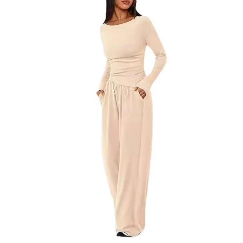 Autumn Casual Suit Asymmetrical Long Sleeve T-Shirt Wide Leg Pants Casual Sportswear for Women