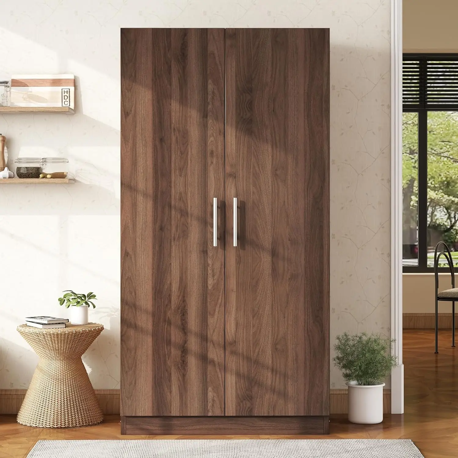 Merax 2 Doors Brown Wooden Wardrobe Cabinets, Bedroom Slim Armoire Closet Organizer, Functional Clothes Elite Storage Pantry