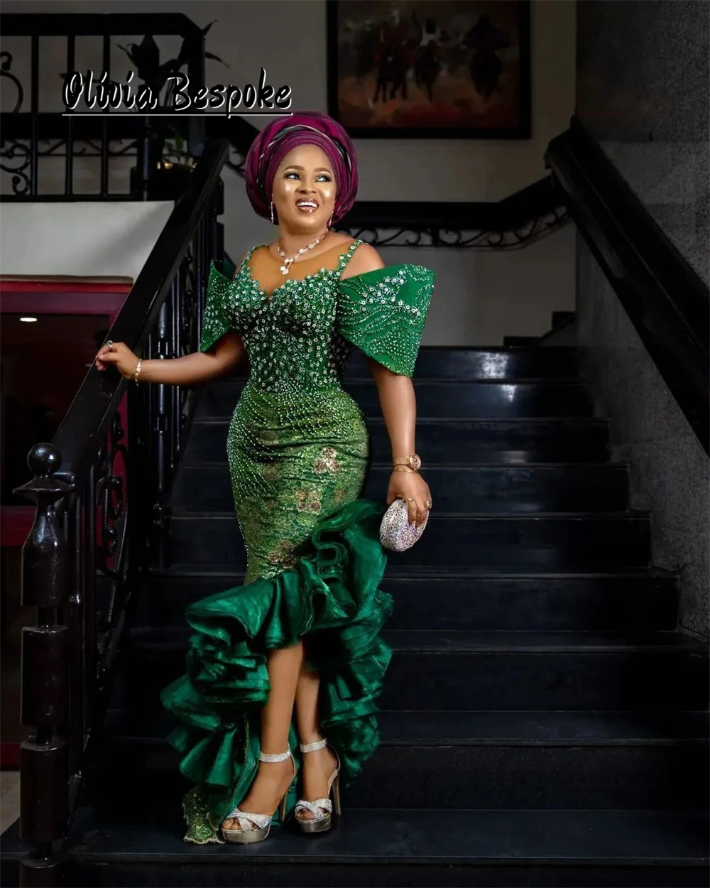 Distinctive Green Mermaid Aso Ebi Evening Dresses Beaded Rhinestones Ruched Ruffle African Party Dress For Women 2025 Customized
