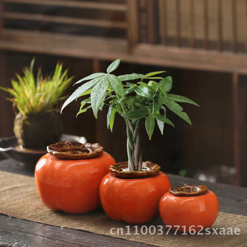 

Creative Ceramic Persimmon Flowerpot Handmade Orange Green Rose Plant Potted Decoration for Living Room Desktop Desk