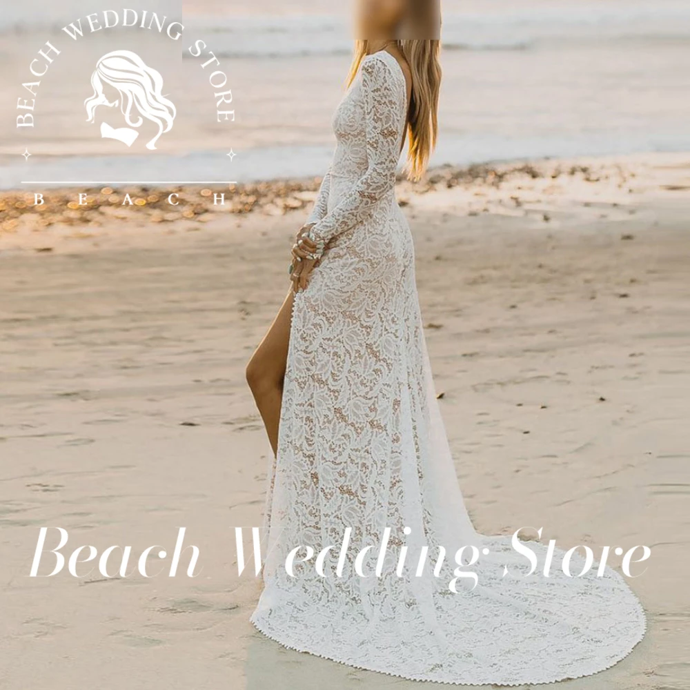 Praia personalizado simples o pescoço alta fenda sereia vestido de casamento mangas compridas sem costas vestido de noiva trem varredura plissado design robe