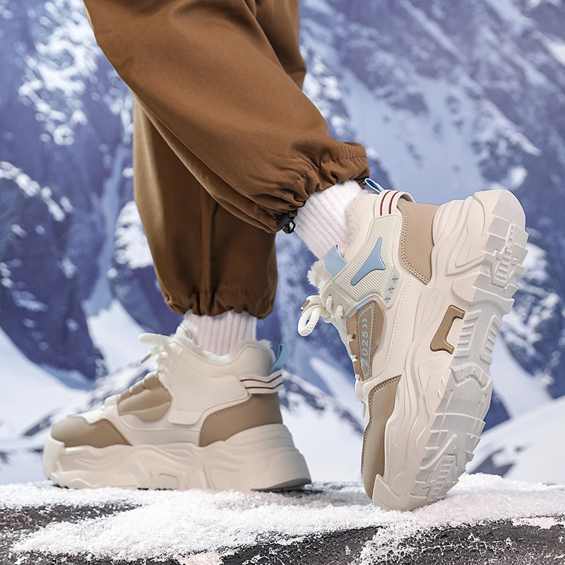 

Winter Warm Fleece Flat Mid-top Round Toe Lace-up Color-blocking High-quality Brand Design Mid-top Casual Men's Plus-size Boots