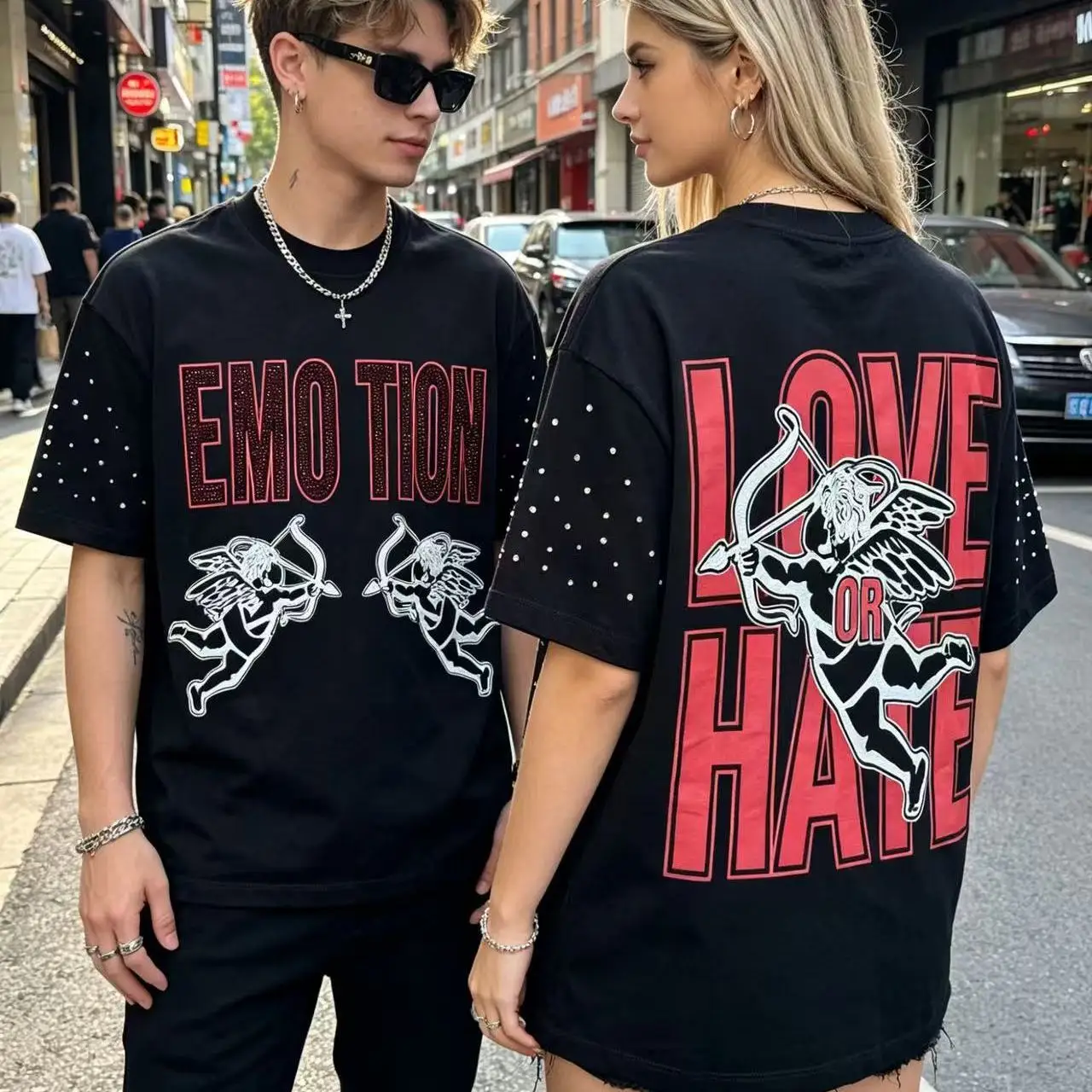Mixed Emotion Angel Print Rhinestone Short Sleeve Loose Fit Pure Cotton T-Shirt Youthful Trendy Streetwear Citywalk Casual