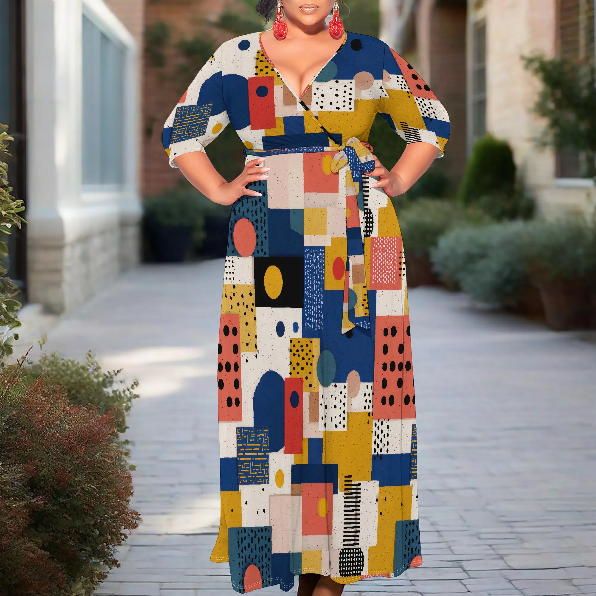 

Plus Size V-Neck Belted Maxi Dress with Sleeves – Perfect for Brunch, Daily Wear, Vacation & Casual Gatherings (XL-6XL)