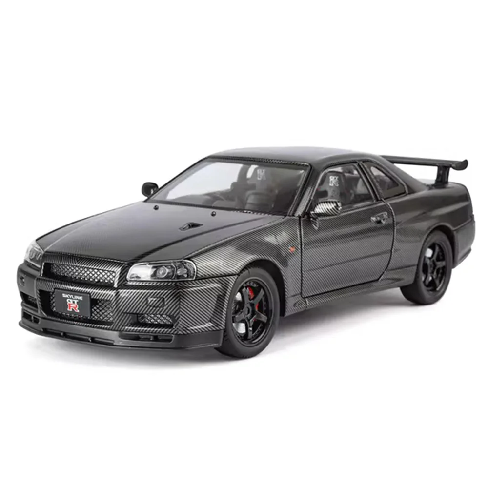 

1:24 GTR R34 SKYLINE Модели игрушек Литой под давлением сплав автомобиля Переднее колесо Рулевое управление Звук Свет Открытые двери Автомобили Детские подарки