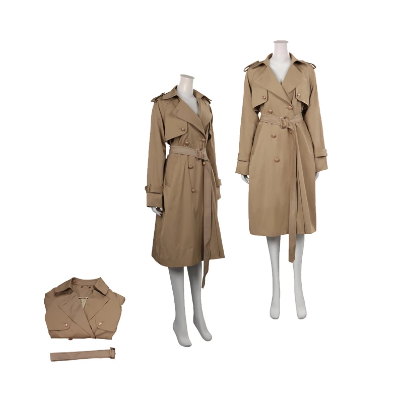 Women Classic Lapel Overcoat Female Khaki Double Breasted Belt Loose Jackets Long Trench Coat Halloween Party Role Play Suit