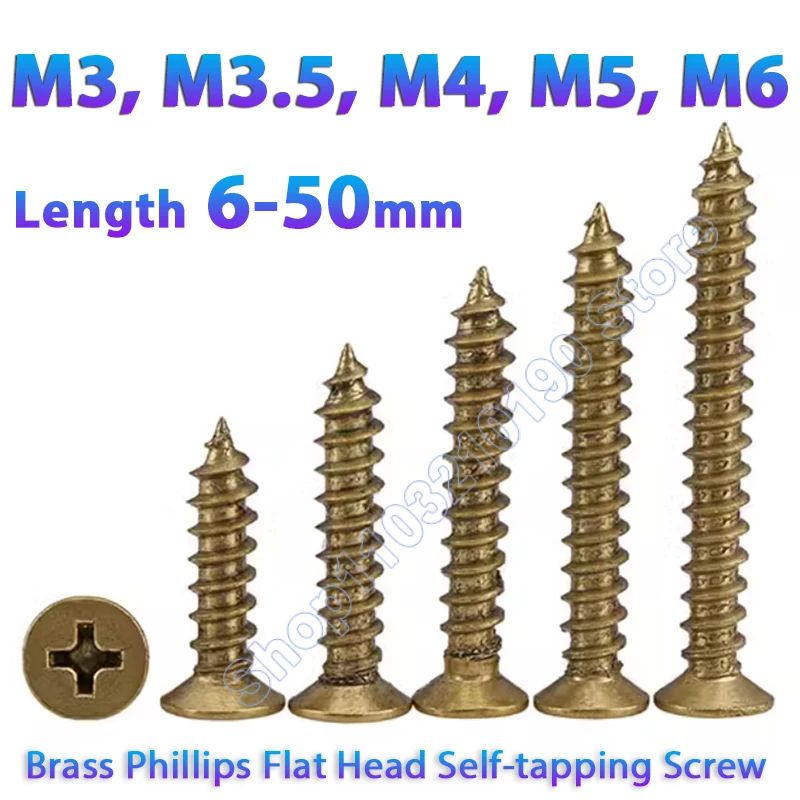 

M3 M3.5 M4 M5 M6 Brass Cross Phillips Flat Countersunk Head Self Tapping Screw For Wood Board Fiberboard Furniture L=6/8/10-50mm