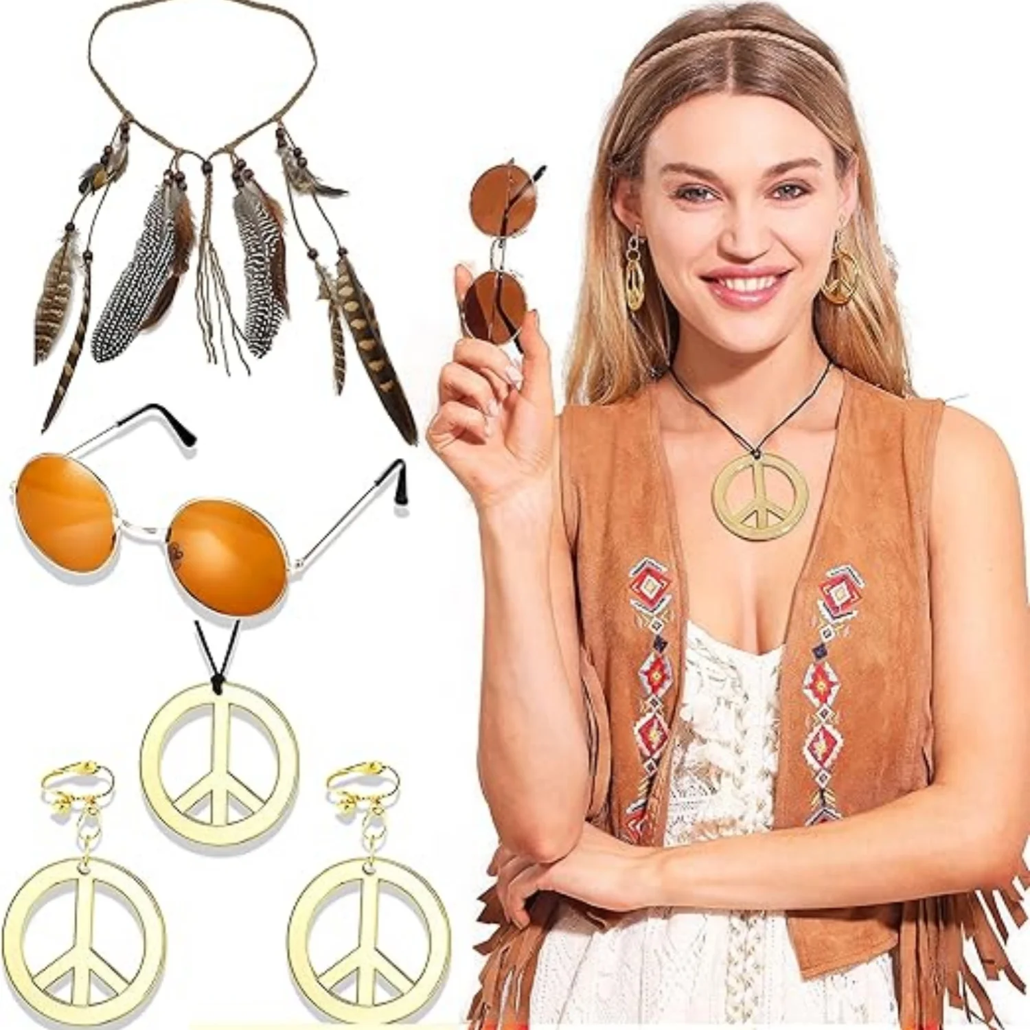 

Laventy Hippie Costume Accessories Sunglasses Peace Sign Necklace Boho Retro Daisy Headband 60s 70s Hippie Accessorie