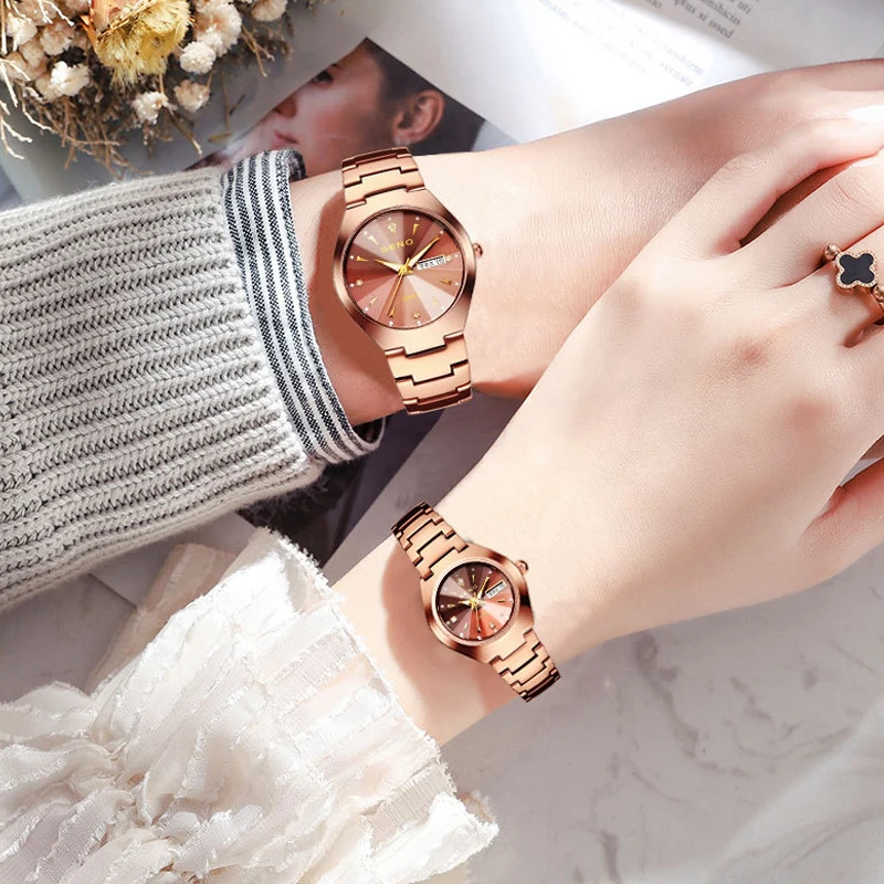 男性と女性のための高級ステンレス鋼時計,金,高品質,防水,エレガント,ラインストーン付き,恋人へのギフト