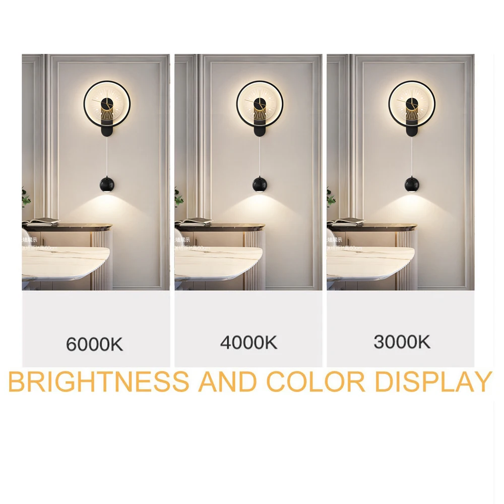 LED 3-Color Dimmable مع شمعدان حائط مزخرف على مدار الساعة، حديد وأكريليك، مصباح جداري إبداعي أسود حديث لغرفة النوم بجانب السرير #5