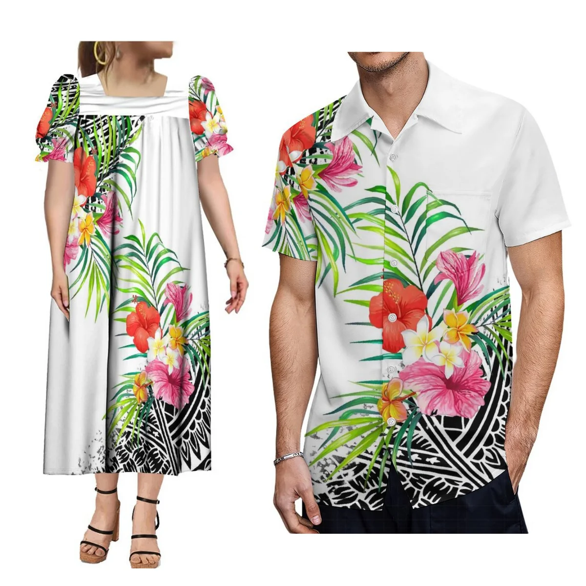 

Mumu Women'S Square Collar Dress Micronesian Specialty Ethnic Dress With Hawaiian Floral Print Men'S Short-Sleeved Shirt