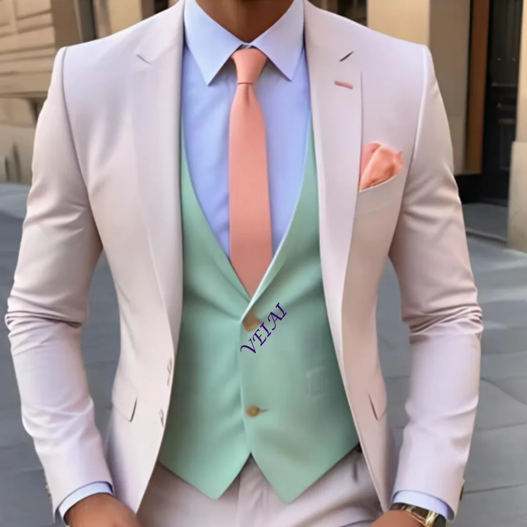 CustomizedLight Pink And Mint Formal Men Suit Male Party Prom Business Tuxedos Groom Groomsman Wedding 3 Piece Set Blazer Vest P