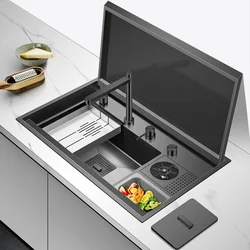 Nano Black Kitchen Sink Smart SUS 304 Stainless Steel Sink Multifunctionwith Cup Washe With Trash Can Sinks 4MM Thickness